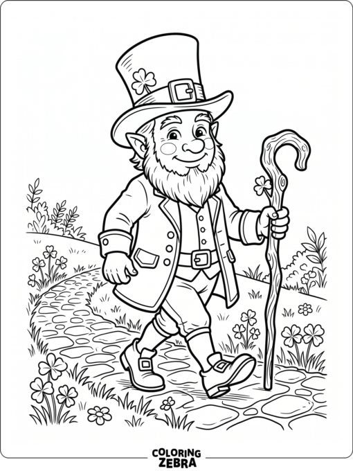 Leprechaun with tall hat, beard, and walking stick