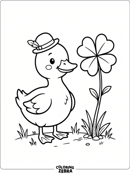 A duck in a tiny hat beside a four-leaf clover