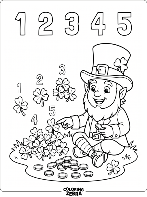 Leprechaun counting shamrocks with easy math shapes