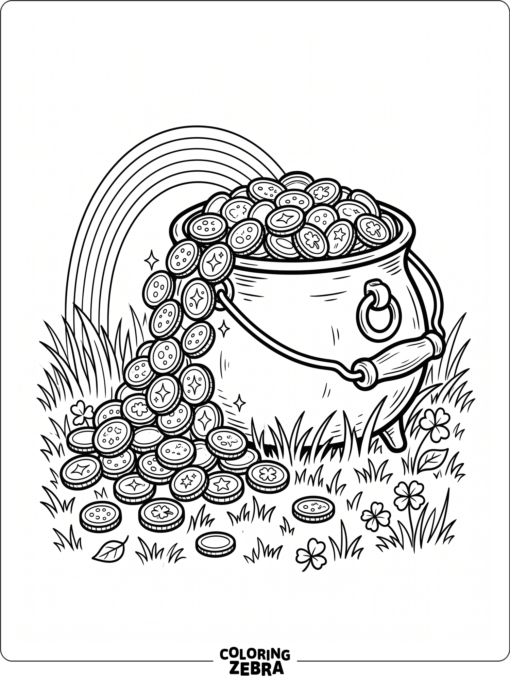 Pot of gold with coins spilling onto grass