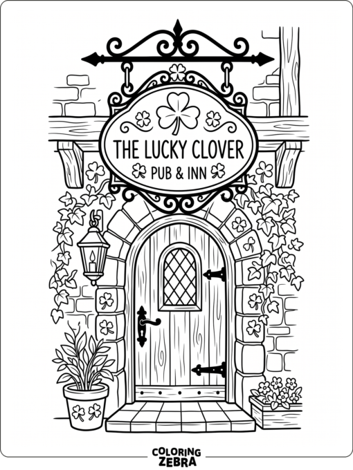 A pub sign with clover details above a door