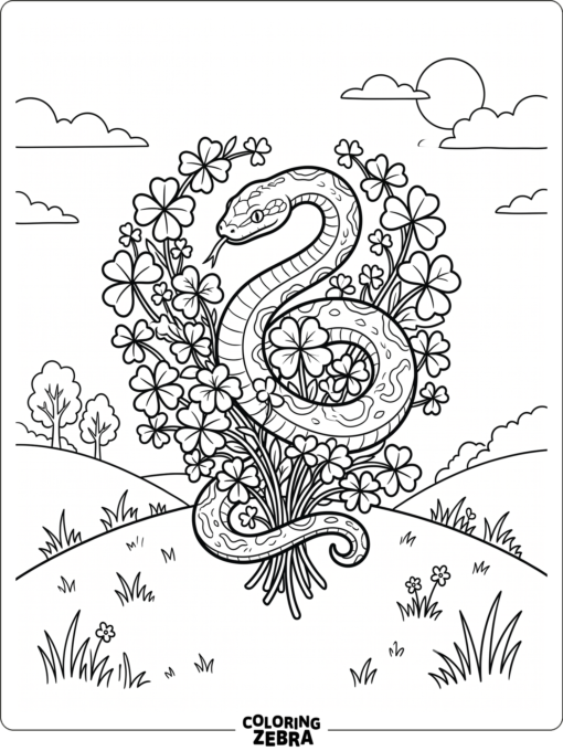Snake coiled around shamrocks on a hill
