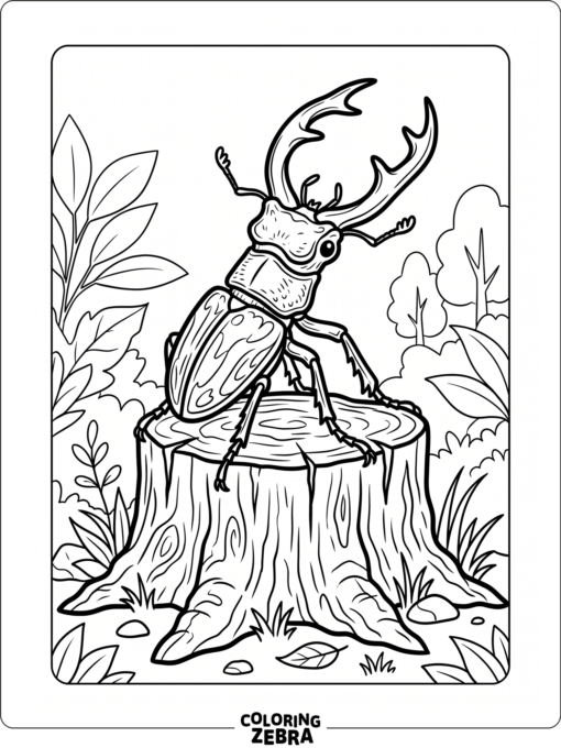 A stag beetle standing on a tree stump