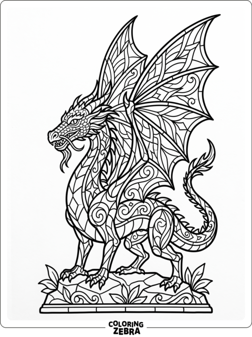 A stained glass dragon with bold wing panels