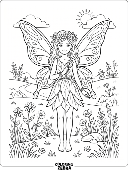 A standing fairy with wings and a flower crown