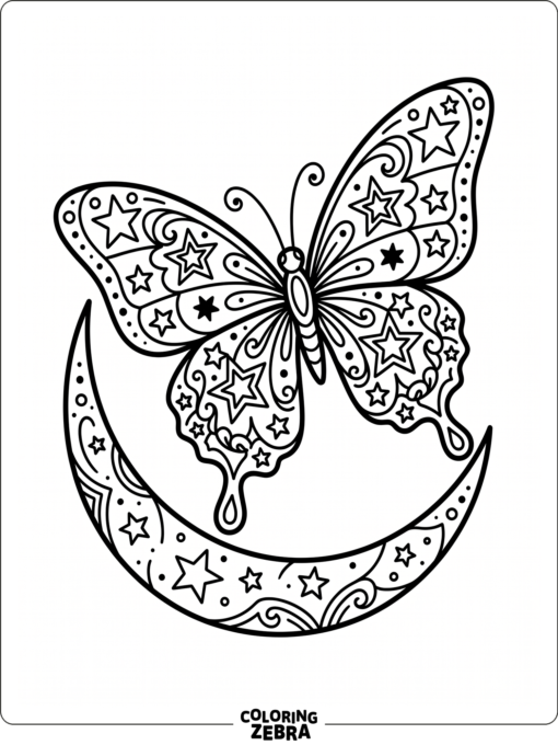 A butterfly with star shaped wings flying near a moon