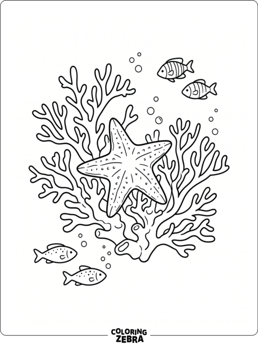 A starfish in a coral reef with small fish