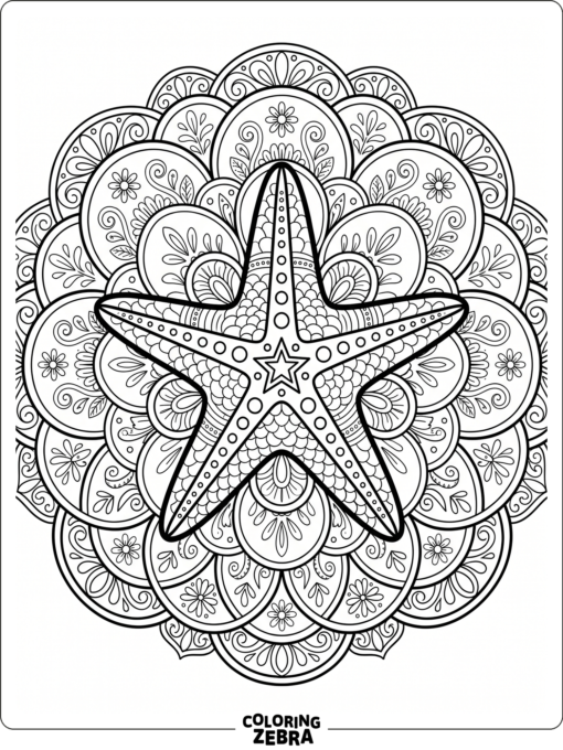 A starfish inside a circular mandala pattern