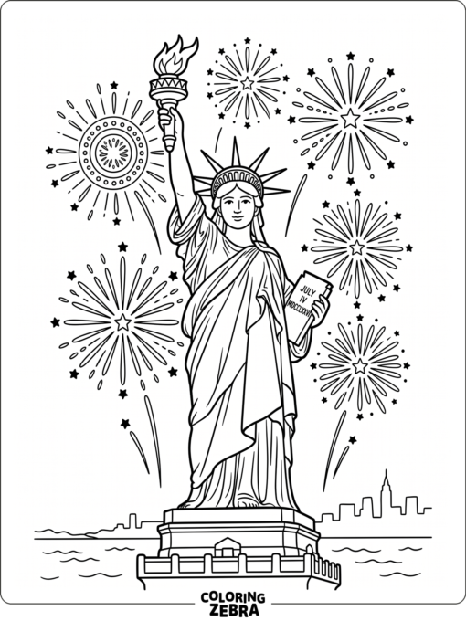 The Statue of Liberty holding a torch with fireworks