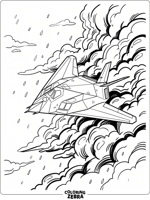 A stealth jet flying through dark clouds