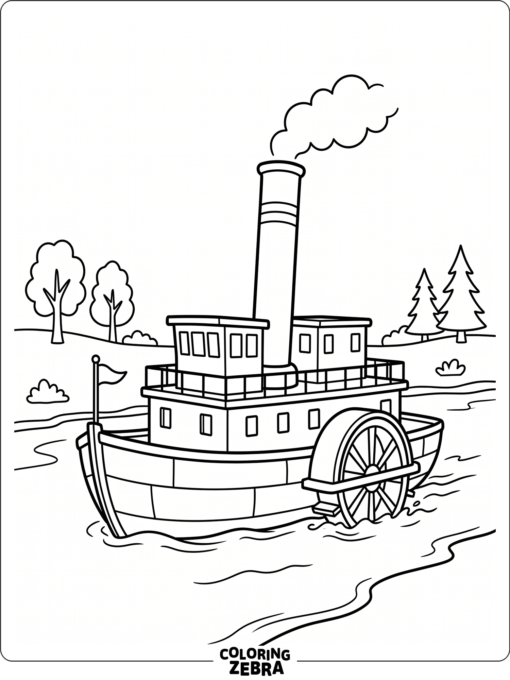 A steam boat with a smokestack and paddle wheel on the river
