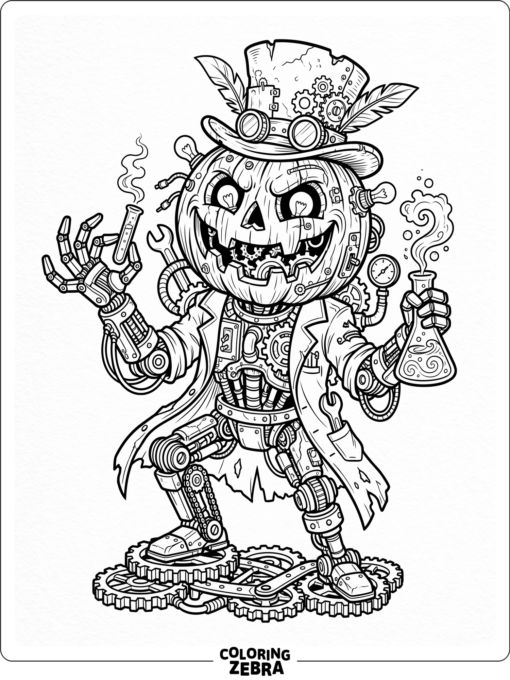Steampunk pumpkin robot with gears and a top hat