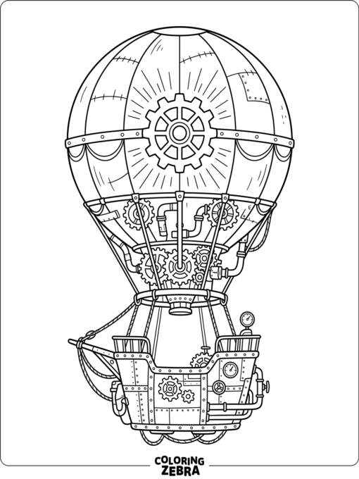 A steampunk balloon with gears, pipes, and a metal basket