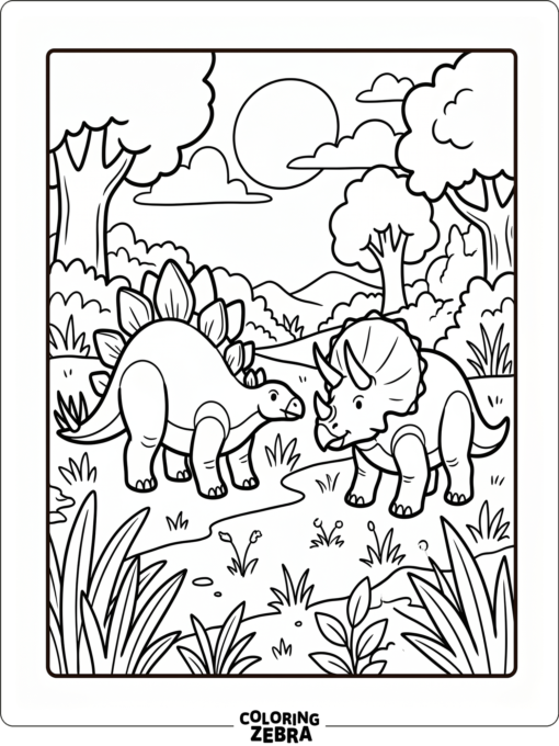 A stegosaurus facing a triceratops in a grassy clearing