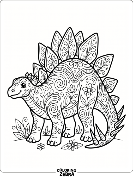 An ornate stegosaurus with clean decorative linework
