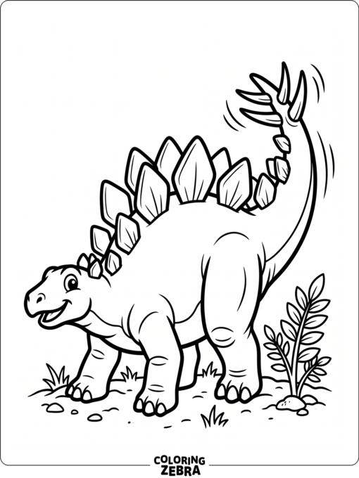 A stegosaurus waving its tail beside a small plant