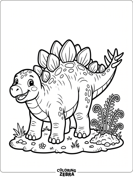 A baby stegosaurus smiling beside a fern patch