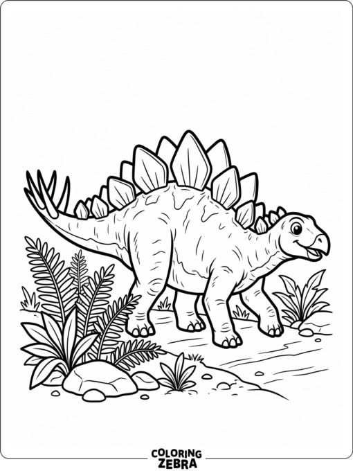 A stegosaurus walking beside ferns with a simple clean background