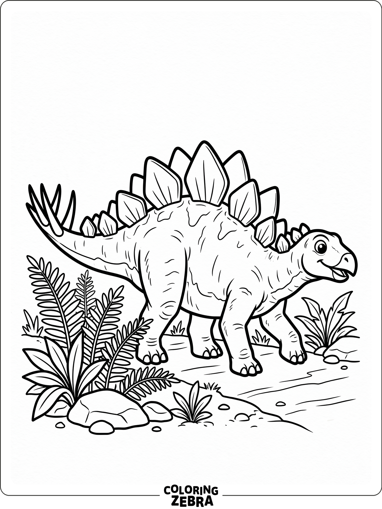 A stegosaurus walking beside ferns with a simple clean background