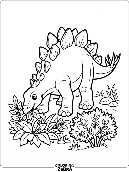A stegosaurus eating leaves from a bush