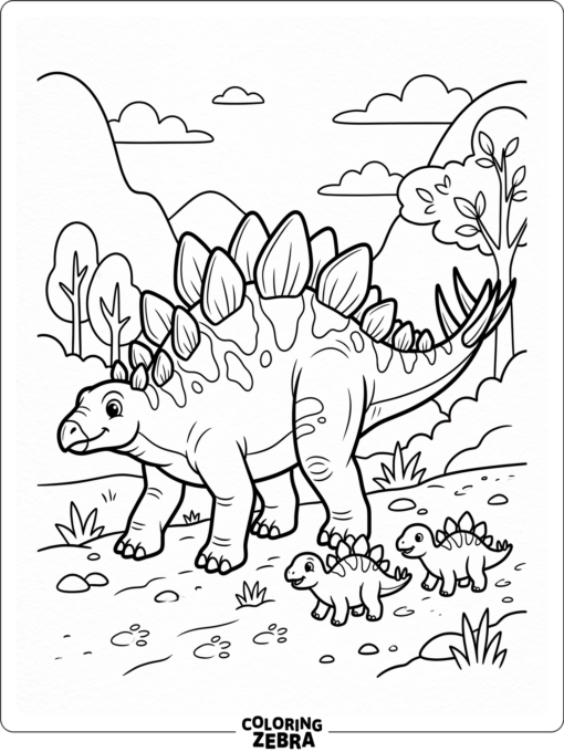 A stegosaurus parent walking with two hatchlings
