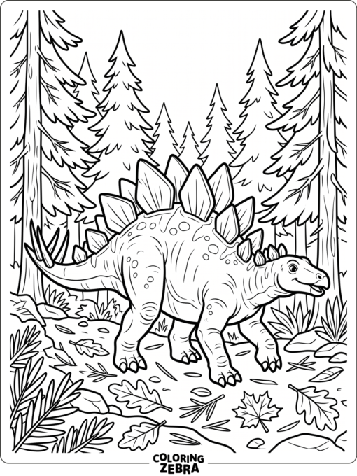 A stegosaurus walking through a forest with fallen leaves