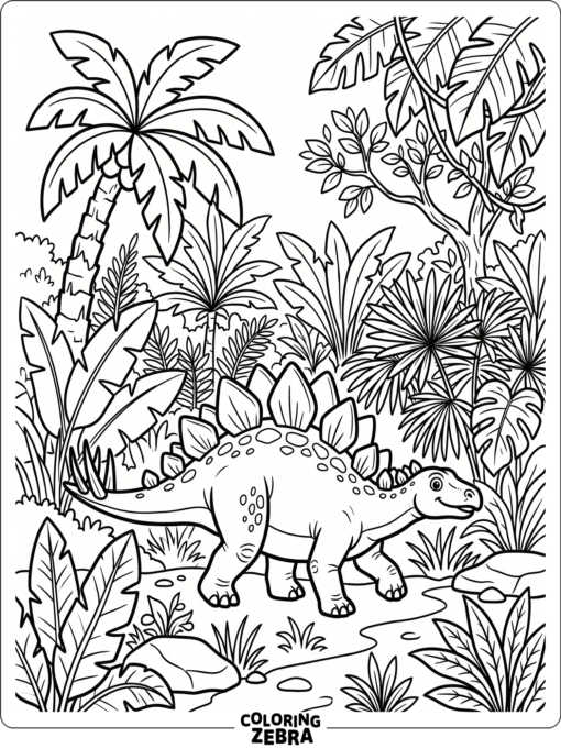 A stegosaurus moving through jungle plants and broad leaves