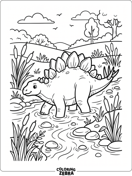 A stegosaurus wading in a shallow river