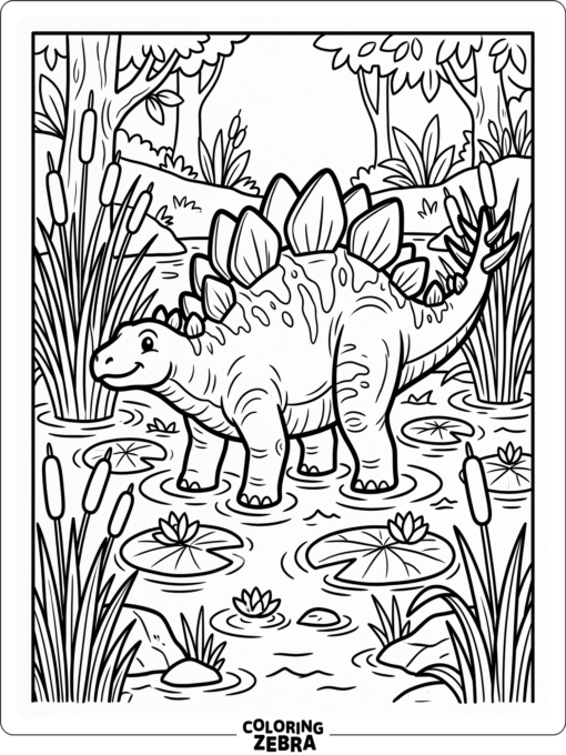 A stegosaurus standing in a swamp with reeds and lily pads