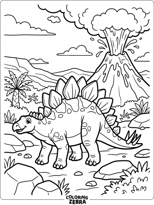A stegosaurus near a volcano with rocks around it