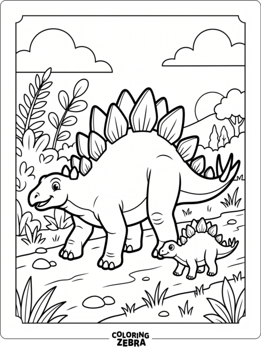 A stegosaurus walking beside a baby dinosaur with matching plates