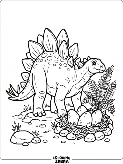A stegosaurus guarding a nest of eggs beside a fern