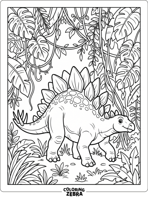A stegosaurus surrounded by jungle vines