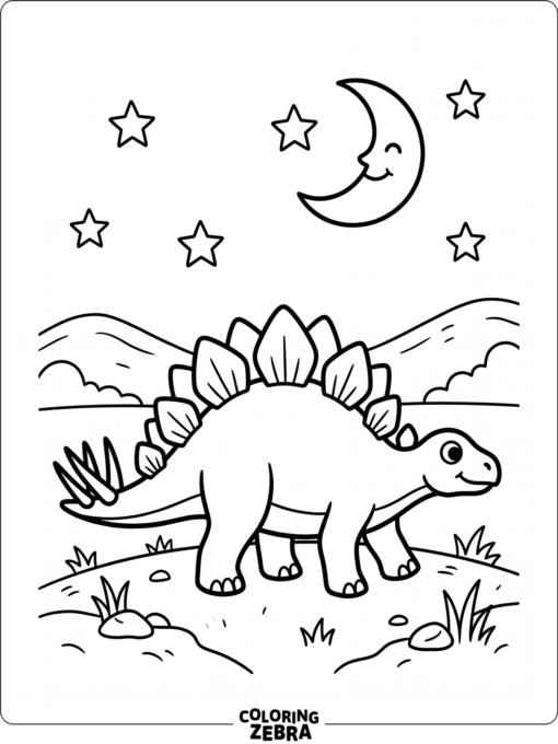 A stegosaurus under a crescent moon