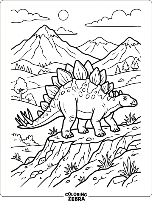 A stegosaurus on a ridge with mountains in the background