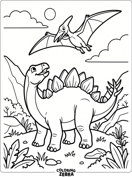 A stegosaurus looking up while a pterodactyl flies overhead