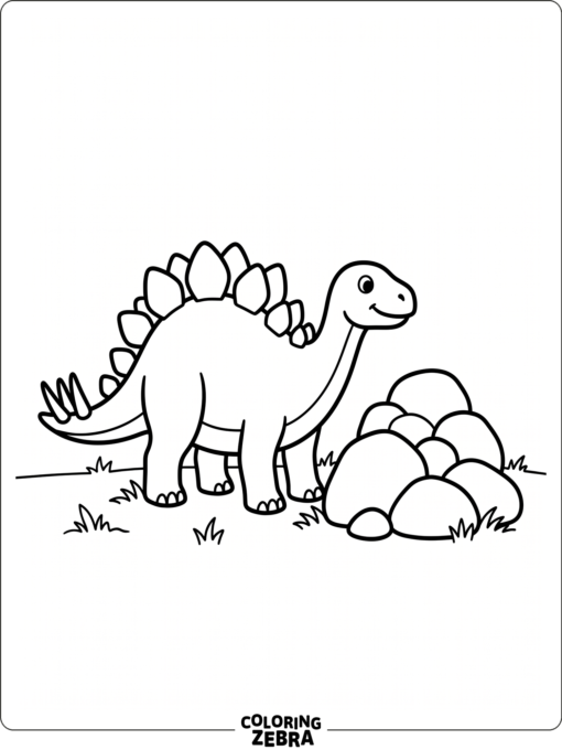 A stegosaurus beside rounded rocks