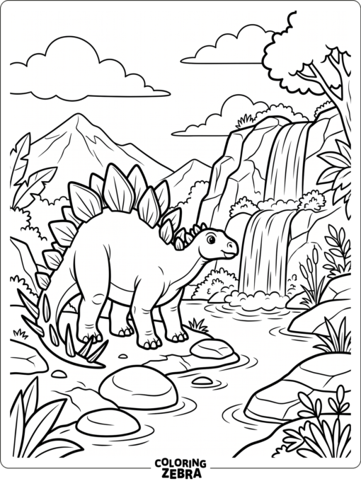 A stegosaurus standing near a waterfall and stones