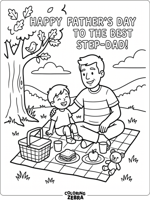 Step dad and child on a picnic blanket