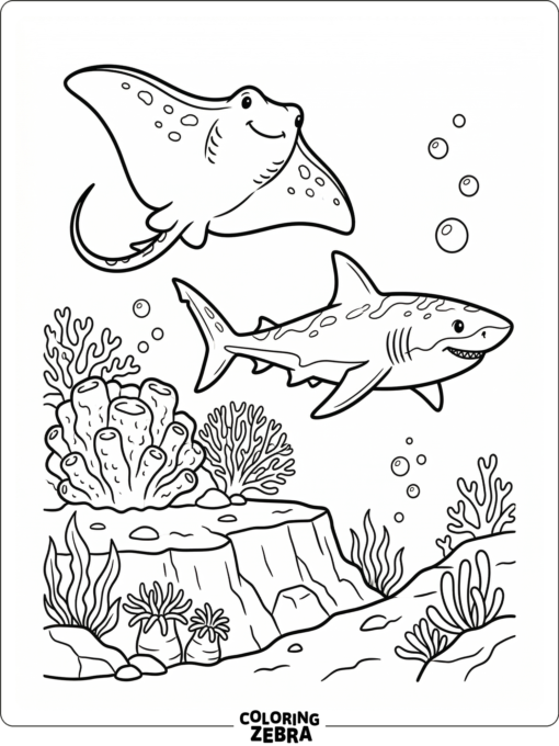 A stingray swimming near a shark