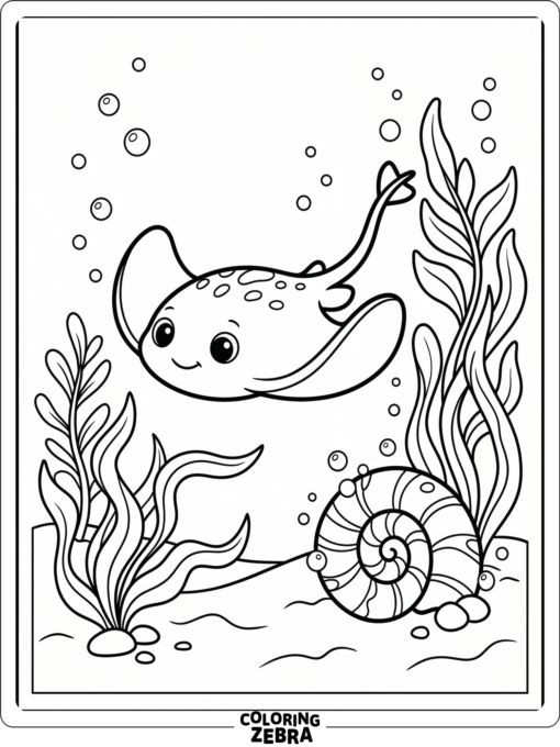 A baby stingray floating near a shell