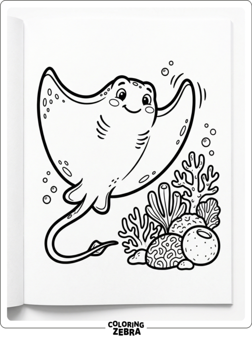 A cartoon stingray waving by coral