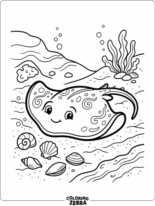 A cute stingray resting near seashells