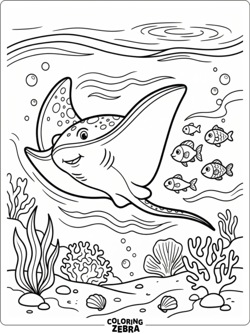 A stingray swimming beside small fish