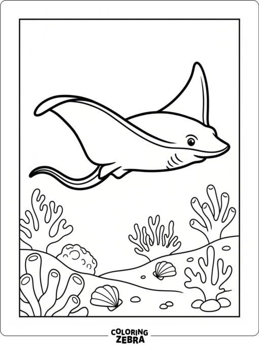 A stingray gliding above sand with coral and shells