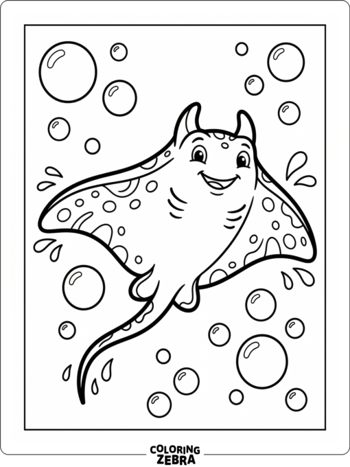 A stingray with bubbles drifting around it