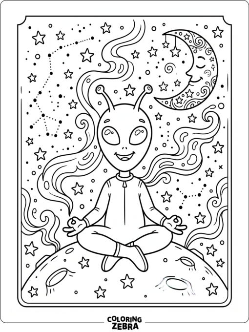 A laid-back alien sitting with stars and smoke swirls