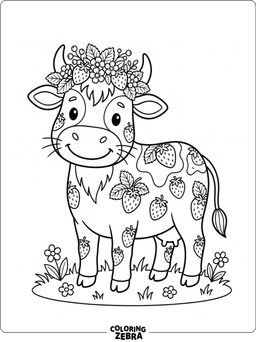 A cow with strawberry spots and a berry crown stands in a clean, cute scene.