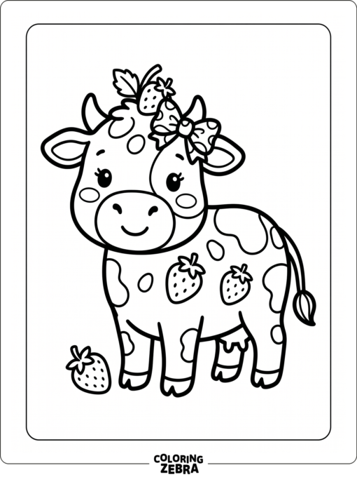A cute cow with strawberry spots and a bow