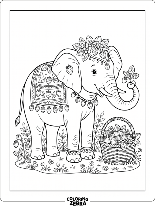 An elephant with strawberries and a berry basket